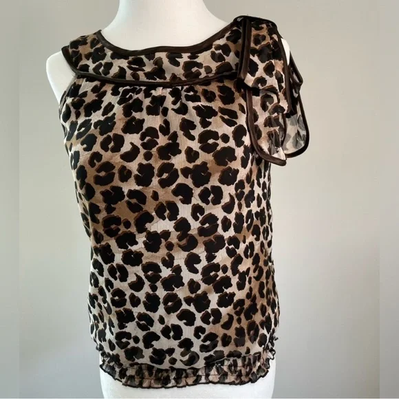 Leopard Print Ruffle Sheer Blouse Sleeveless High Neck Bow Animal Print — Size S - Picture 3 of 14